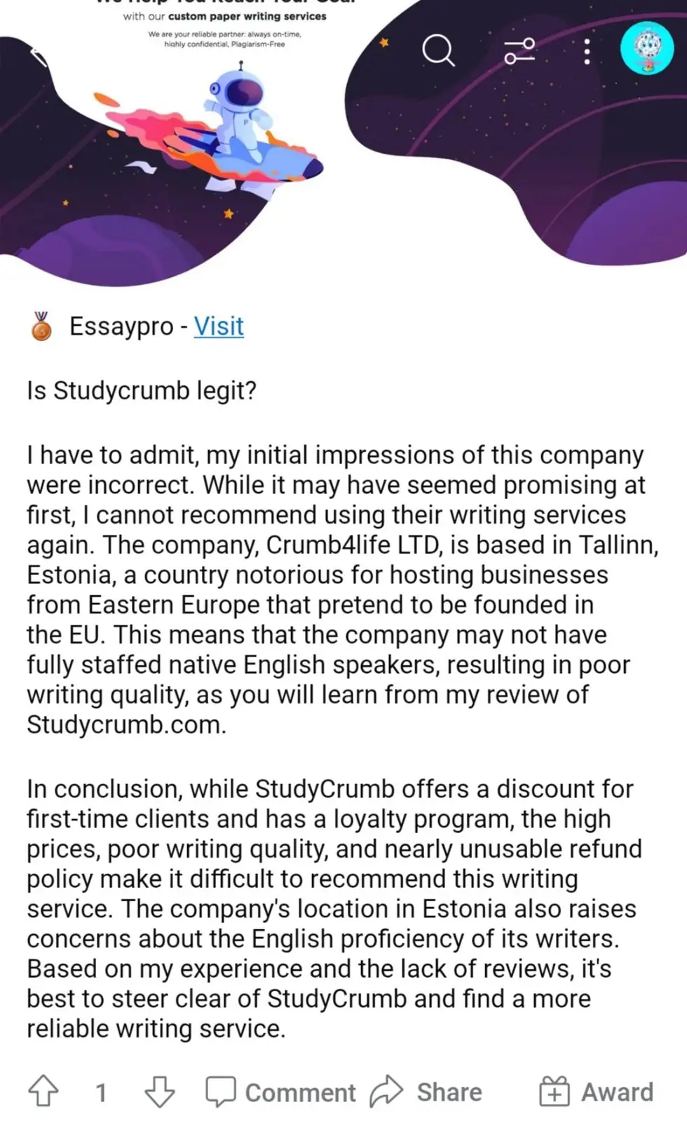 StudyCrumb review on Reddit